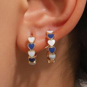 5/$25 Gold Color Meatal Blue Enamel Heart Hoops Blue Heart Earrings